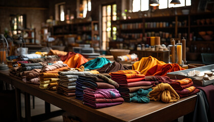 various textiles for sale in fabric shop - obrazy, fototapety, plakaty