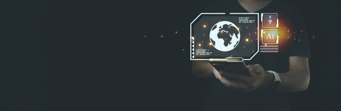 Businessman is showing concept of future technology and internet connection network with AI as controller. A graphic floated in the air on his hand.