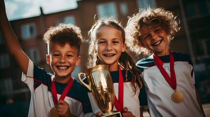 Happy kids with medals and trophy cup smiling, and looking at camera
