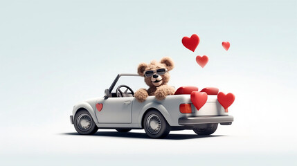 a cute Teddy bear driving a car with red hearts.