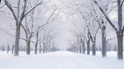 Fototapeta premium Winter Snow Trees, Park Road Perspective, White Alley Tree Rows convergence