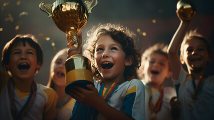 Happy kids with medals and trophy cup smiling, and looking at camera - obrazy, fototapety, plakaty