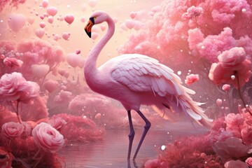 A vibrant pink flamingo standing gracefully amidst a colorful field of blooming flowers - obrazy, fototapety, plakaty