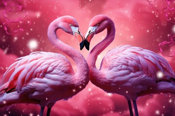 Two pink flamingos standing side by side