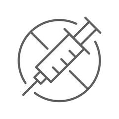 No vaccine, syringe, immunization line icon. anti vaccination caution, Stop vaccination, No drugs, hypodermic syringe ban symbol. Editable stroke vector illustration design