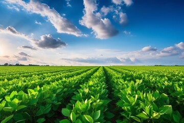 Fototapeta na wymiar Springtime agricultural landscape with flourishing soybean plantation. Generative AI