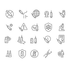 Vaccine against Virus Icon Set. Coronavirus Vaccination in Shoulder time, Medical syringe, immunization bottle, suction, Needle, Vial, shot injection. Editable stroke Vector illustration design