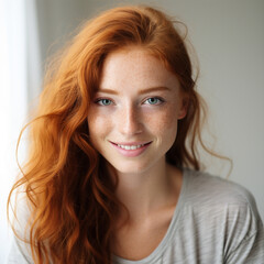 Fototapeta premium Headshot Portrait of happy ginger girl with freckles smiling looking at camera, ai technology