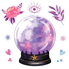 Pink fortune telling magic crystal ball watercolor vector illustration