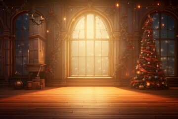 fairy tale christmas room with christmas tree and window - obrazy, fototapety, plakaty