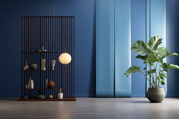 Empty living room with wooden floor, plants, neutral room divider, decoration, elegant accessories, modern home decor, blue wall, 3D rendering. Generative AI