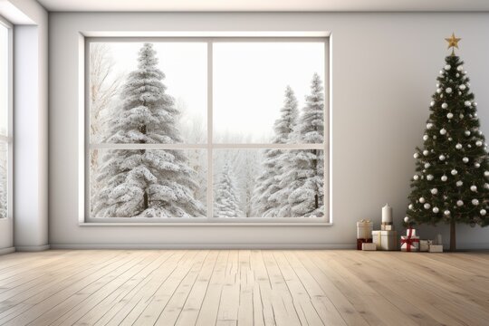 empty room with a snowy window, presents and Christmas tree, in the style of naturalistic renderings, the picture shows a white living room with snow and a tree behind it