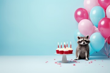 a raccoon stands near a cake on a blue background filled with balloons, in the style of minimalism