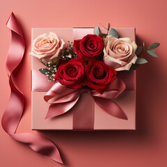 Stylish red giftbox with ribbon bow and bouquet of roses on isolated pastel red background with copyspace, ai technology