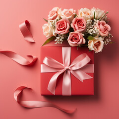 Stylish red giftbox with ribbon bow and bouquet of roses on isolated pastel red background with copyspace, ai technology