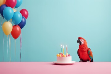 parrot near a colorful birthday cake with balloons in the background