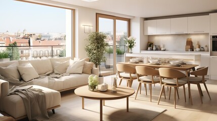 Uma sala de estar moderna com sofá bege, mesa de vidro, área de jantar, cozinha branca e vista para a cidade.