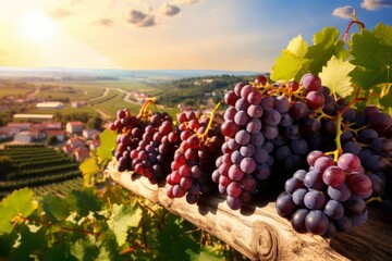 grapes and countryside, close up of grapes on the vine with bushes in the background under good sun, the grapes grow in a vineyard landscape, a bunch of ripe grapes are hanging on a vine, harvest - obrazy, fototapety, plakaty
