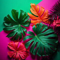 Tropical exotic palm leaves botanical dark green, blue, red, pink, orange  gradient banner background wallpaper design.Floral frame.Jungle surface.Botanical illustration.Card template.Decoration.Green