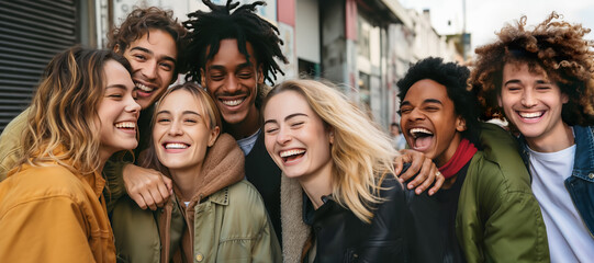 Multi ethnic men and women taking selfie outdoors