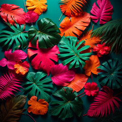 Fototapeta na wymiar Tropical exotic palm leaves botanical dark green, blue, red, pink, orange gradient banner background wallpaper design.Floral frame.Jungle surface.Botanical illustration.Card template.Decoration.Green