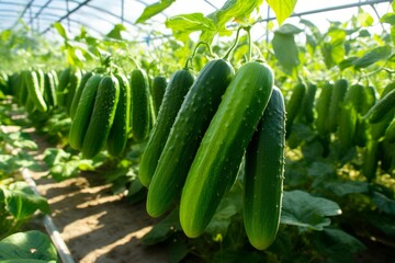 fresh organic cucumbers grown in a greenhouse under sunlight, farm fresh, green vegetables in a greenhouse, harvest