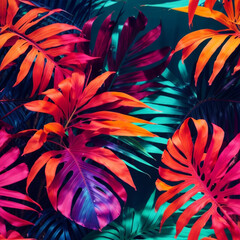Tropical exotic palm leaves botanical dark green, blue, red, pink, orange  gradient banner background wallpaper design.Floral frame.Jungle surface.Botanical illustration.Card template.Decoration.Green