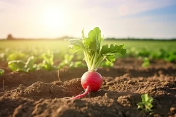 Fotobehang a radish plant growing in the soil with a beautiful sun behind it, large radishes stand in a field farm, harvest © vasyan_23