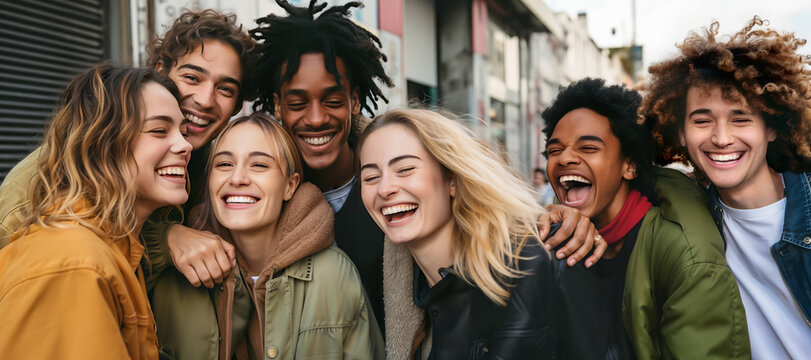 Multi ethnic men and women taking selfie outdoors