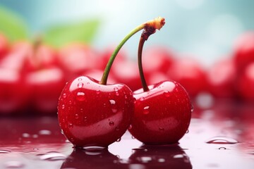two cherries and leaves with water droplets on a white background, in the style of highly polished surfaces - obrazy, fototapety, plakaty