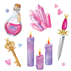 Pink mystical magic and witchcraft items watercolor vector set isolated elements 