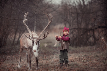 Little boy in red elf costume in woods with grey deer