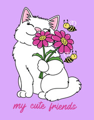 kitten, flowers and bees illustration