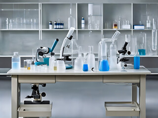 Essence of laboratory safety. Lab goggles, lab coats, and gloves arranged neatly on a laboratory bench. AI Generated - 649338100