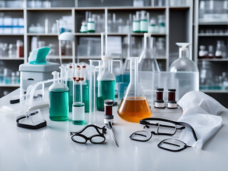Essence of laboratory safety. Lab goggles, lab coats, and gloves arranged neatly on a laboratory bench. AI Generated - 649338105