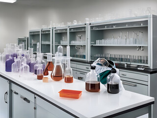 Essence of laboratory safety. Lab goggles, lab coats, and gloves arranged neatly on a laboratory bench. AI Generated - 649338108