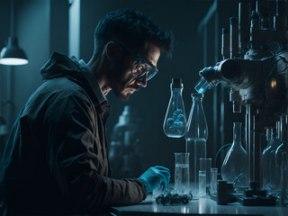 Compelling image of a scientist in a laboratory, examining cells under a microscope. Generative AI - 649338120