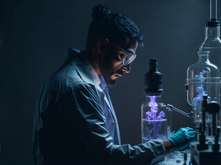 Compelling image of a scientist in a laboratory, examining cells under a microscope. Generative AI - 649338126
