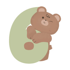 number 6 cute kawaii brown teddy bear watercolor animal letter birthday baby shower nursery