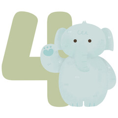 number 4 cute kawaii elephant watercolor animal letter birthday baby shower nursery