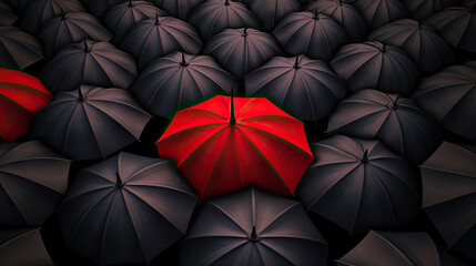 Red umbrella between a lot of black umbrellas - obrazy, fototapety, plakaty