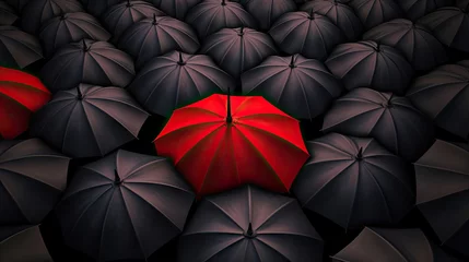 Fotobehang Red umbrella between a lot of black umbrellas © Sasint