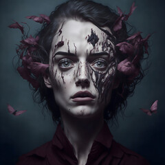 Bipolar disorder concept. A headshot portrait of a young woman surrounded by surreal environment - obrazy, fototapety, plakaty