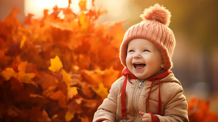 Fototapeta premium copy space, happy little child, baby boy laughing and playing in autumn. Joyful moments during autumn. Little baby girl laughing and smiling. Happiness, exitement, enjoy precious moments. Childhood.
