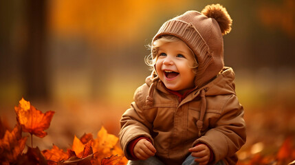 copy space, happy little child, baby boy laughing and playing in autumn. Joyful moments during autumn. Little baby girl laughing and smiling. Happiness, exitement, enjoy precious moments. Childhood.