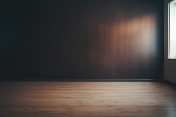 Empty light dark wall with beautiful chiaroscuro and wooden floor. Minimalist background for product presentation. generative AI