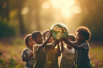 International day of peace concept. African Children holding globe - obrazy, fototapety, plakaty