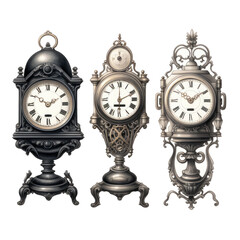 Set of Vintage Victorian Clock Isolated On Transparent Background