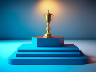 A sports cup trophy displayed in front of an empty stadium, representing athletic achievement and competition.