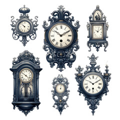 Set of Vintage Victorian Clock Isolated On Transparent Background